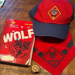 Wolf Cub Scouts Red and Blue Cap, Bandana, neck tie, and book set